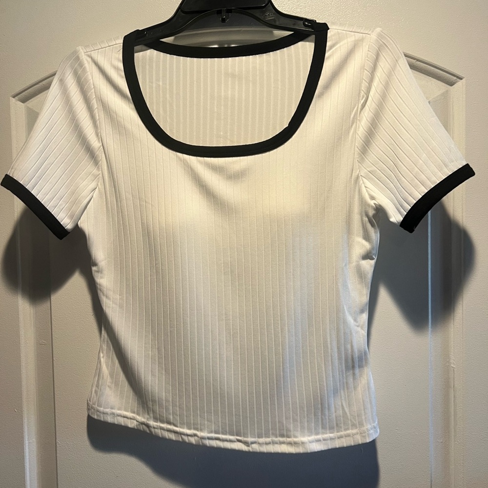 SHEIN White Ribbed Top with Black Trim